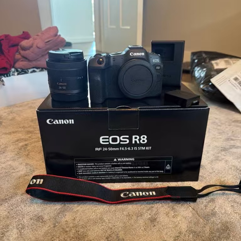 Canon EOS R8 Mirrorless Camera Kit in Black with Red-Trim Strap